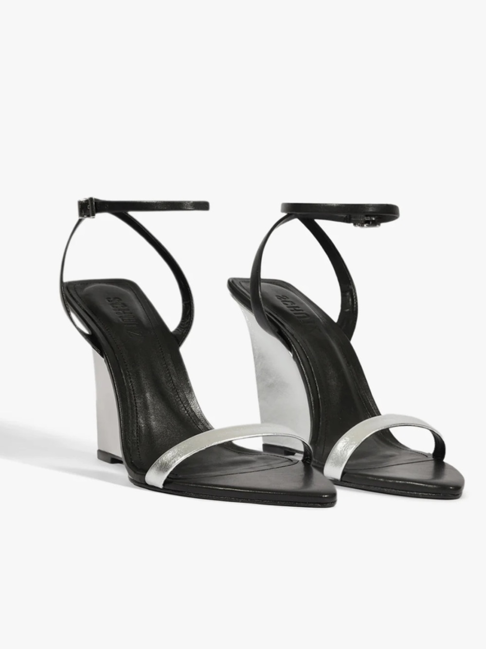 SCHUTZ Melanie Black and Silver Ankle-Strap wedge Block Heel Sandals